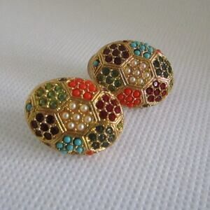 Vintage DOrlan Gold-Tone Multicolor Mosaic Omega Back Earrings